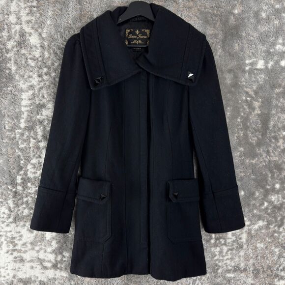 Guess Jean Sz S Wool Blend Pea Coat Black Long Sleeve Snap Button Outdoor Winter - Picture 1 of 10